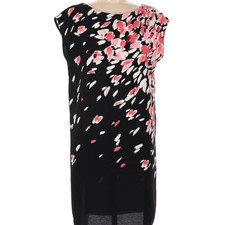 LOFT Sleeveless Dress Boxy Shift Style Size M Black & Pink Mod Floral Crepe