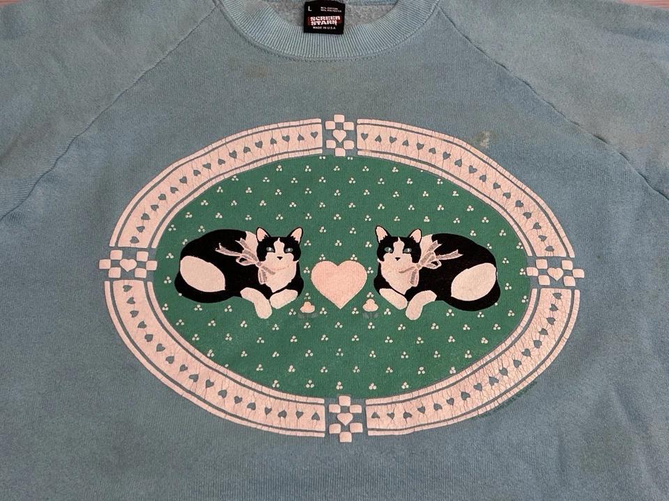 Vtg 90s Kitty Cat Crewneck Sweatshirt Medium Grandma Core Cats Hearts USA Made L - Image 3 of 4