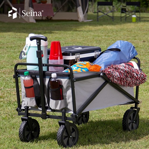 Seina 150lb Capacity Collapsible Steel Outdoor Utility Wagon Cart, Gray/Black - Foto 11 di 11