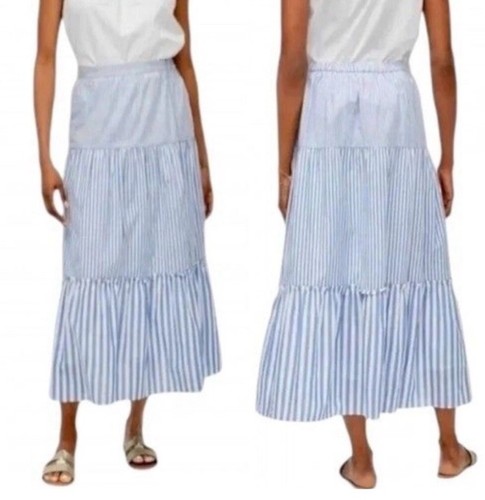 NWT J. Crew Tiered Ruffle Blue & White Stripe Long Maxi Skirt 100% Cotton Size S - Picture 2 of 6