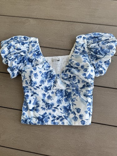 Boho Peasant Puff Sleeve Cottage Crop Top Floral Y2k Shirt Small Blue White - Picture 2 of 6