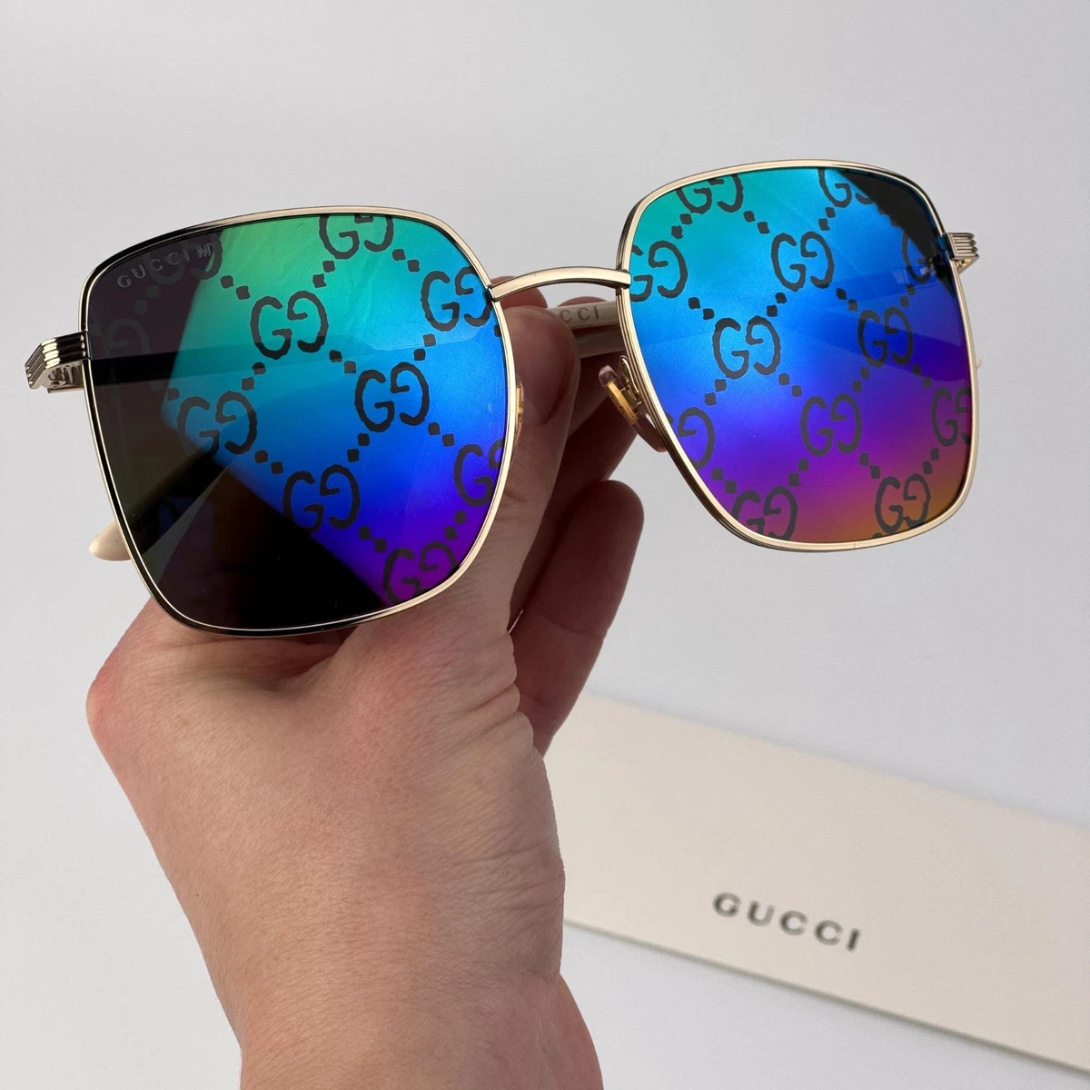 Gucci Women Sunglasses Gold Multicolor GG Pattern Mirror Square GG0802S 004 NEW GUCCI Square Gold/Brown Lens 58-150MM Women main image 3