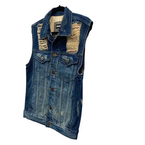 Blue Denim Jean Jacket Vest Mens M Distressed Waistcoat USA Motorcycle Trucker - Picture 6 of 10