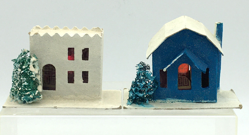 2 Vintage Putz Weihnachten Papphäuser Japan Luffa Bäume Glimmer blau/weiß