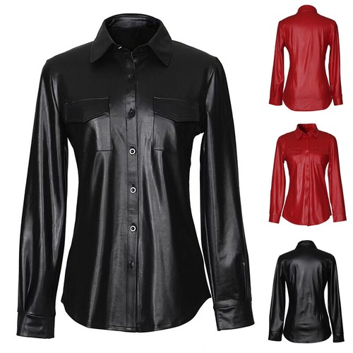 Lady PU Leather Jacket Blouse Long Sleeves Button Pocket Coat Lapel Shacket Tops - Picture 2 of 12