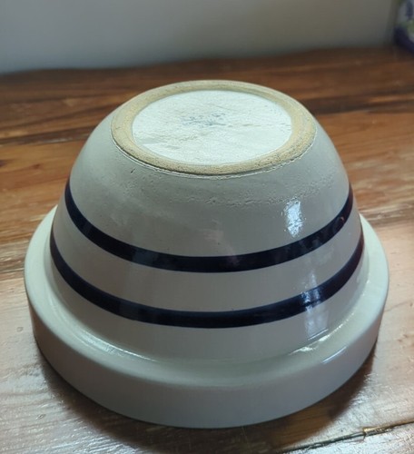 Vintage UVP Co. Roseville Ohio beige kobaltgestreift Mischschüssel Steinzeug/9 Zoll x 5 Zoll - Bild 3 von 5