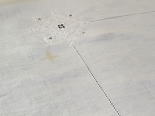 Vintage Quadrat Ecru Handgefertigte Leinen Tischdecke mit Punto Toscano Stickerei A585 - Bild 7 von 7