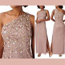 NEW $249 Adrianna Papell [ 6 ] 3D Floral-Beaded One-Shoulder Gown in Stone S1696