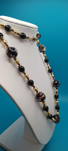 Vintage Venetian Black/Gold Hand-Knotted Sommerso Glass Bead Necklace 24" long. - Picture 4 of 7