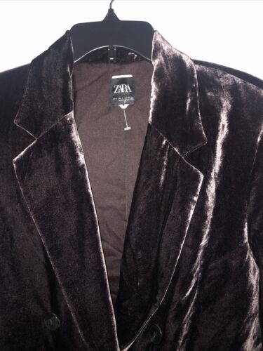 Zara Brown Silk Blend Velvet Double Breasted Blazer Size Small NWT - Picture 3 of 7