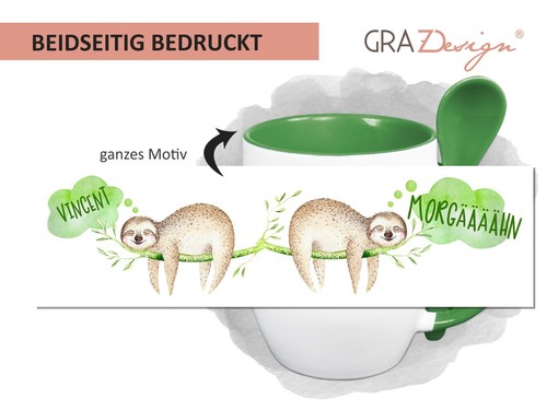 Tasse Kinder mit Löffel, personalisiert mit Name, Faultier + Spruch, watercolor - Bild 2 von 5