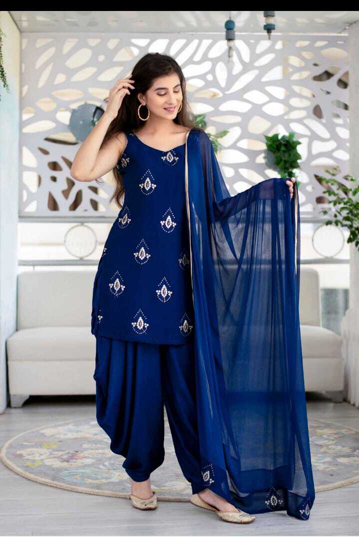 Half Sleeve Punjabi Kurta Palazzo Dupatta Blue Women Kurti Pant Eid Special Suit