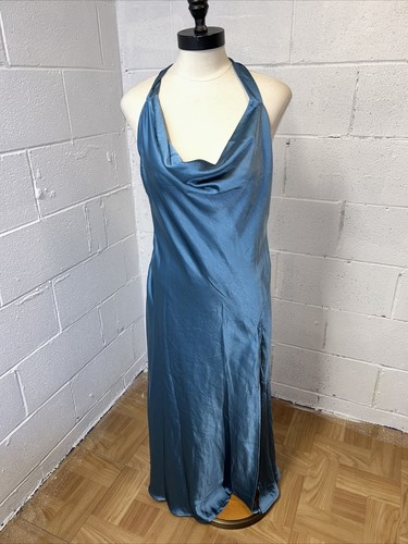 Selfie Leslie Slinky Blue Midnight Formal Dress Tie Back Sz L Satin Gown NWT E6