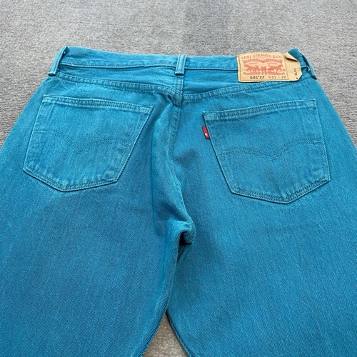 Levis 501 XX Jeans Mens 33 Fits 32x30 Straight Distressed Denim Teal Button Fly - Picture 2 of 13