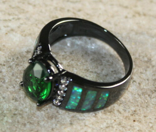 BLACK SILVER Elegant Green Fire Opal & Green Peridot Oval Ring Size 10, WR41804 - Picture 2 of 3