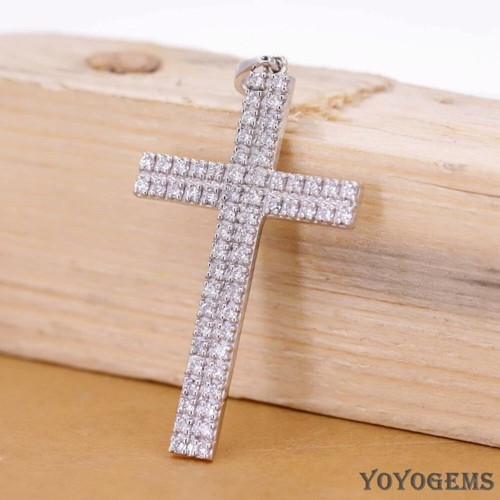 Moissanite Cross Wedding Pendant 2 Carat Round Cut F/VVS1 Solid 14K White Gold - Picture 4 of 10