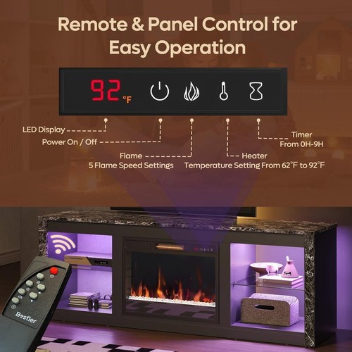Electric Fireplace TV Stand Adjustable Heat 7 Color LED Lights Storage Cabinets - Picture 9 of 15