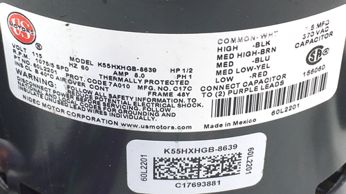 US Motors K55HXHGB-8639 Blower Motor 1/2HP 115V 5SPD 1075RPM 60L2201 used #MP111 - Picture 3 of 4