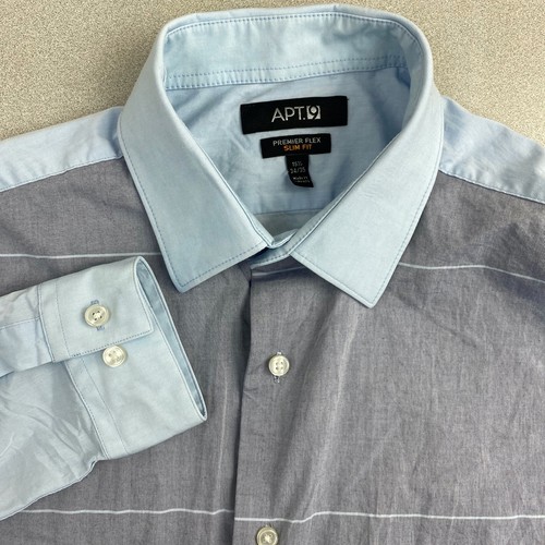 Apt 9 Dress Shirt Mens 15.5 Blue Gray Pink Premium Flex Slim Fit Striped Career - Picture 1 of 9