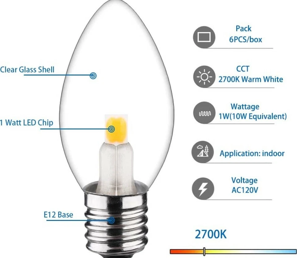 LED Night Light Bulb – C7 E12 LED Bulbs – Candelabra Light Bulbs, 0.6 6 Pack - Image 3 of 4