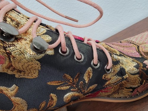 *IMPERFECT*Tapestry Ankle Boots Black Rose Gold Floral Satin Shoes Sz 37/US 6.5 - Picture 6 of 11