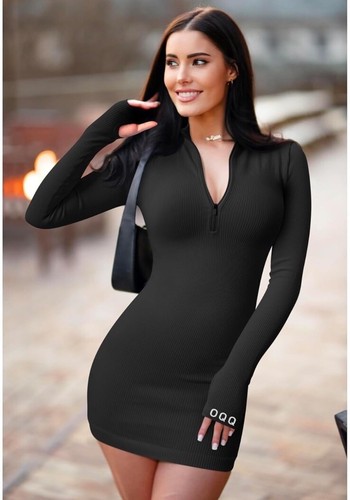Women's 2 Piece Dresses Sexy Ribbed Zip Front Long Sleeve Tops Mini Dress Size S - Picture 5 of 5