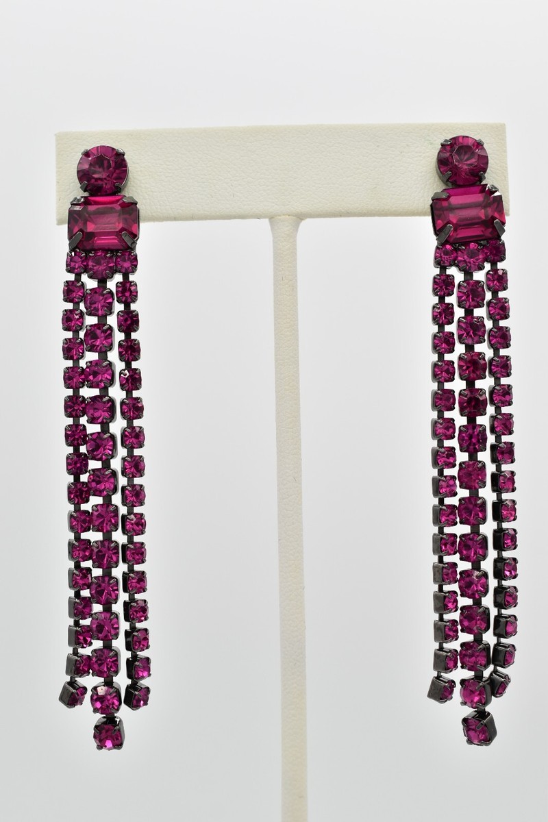 Kate Spade Glitzville Earrings Purple Magenta Rhinestone Crystal Dangle Chain 9D