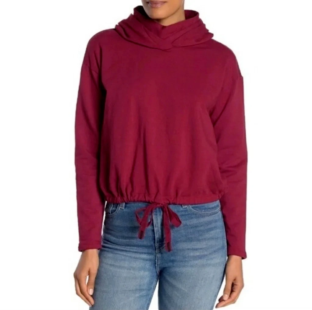 Stateside Maroon Red Funnel Neck Hoodie Long Sleeve Tie Hem Women's Small NWT