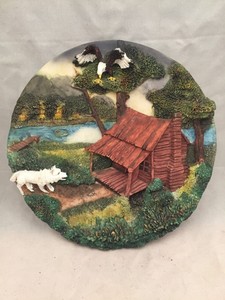 Raised Relief Plate W Cabin In The Woods Scene Eagle Wolf