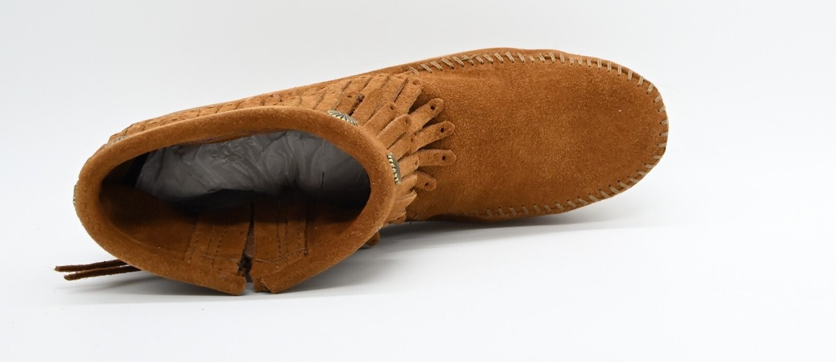 Minnetonka 692 Brown Suede Two Fringe Side Zip Womens Moccasin