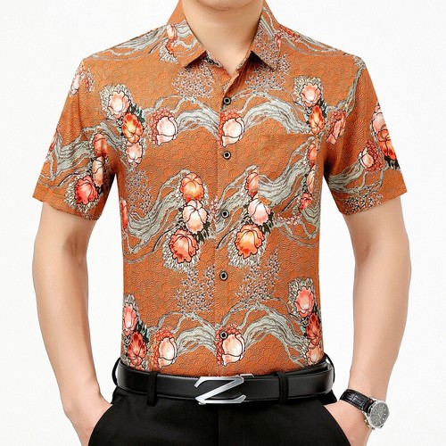 Men Floral Tops Shirts Casual Formal Printed Retro Flower Short Sleeve - Picture 4 of 10