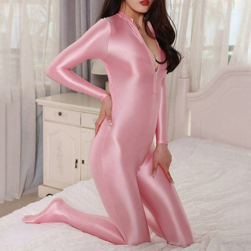 Damen Glanz Glanz Satin Catsuit Dessous Wetlook Body 2-Wege Reißverschluss Overall - Bild 9 von 36
