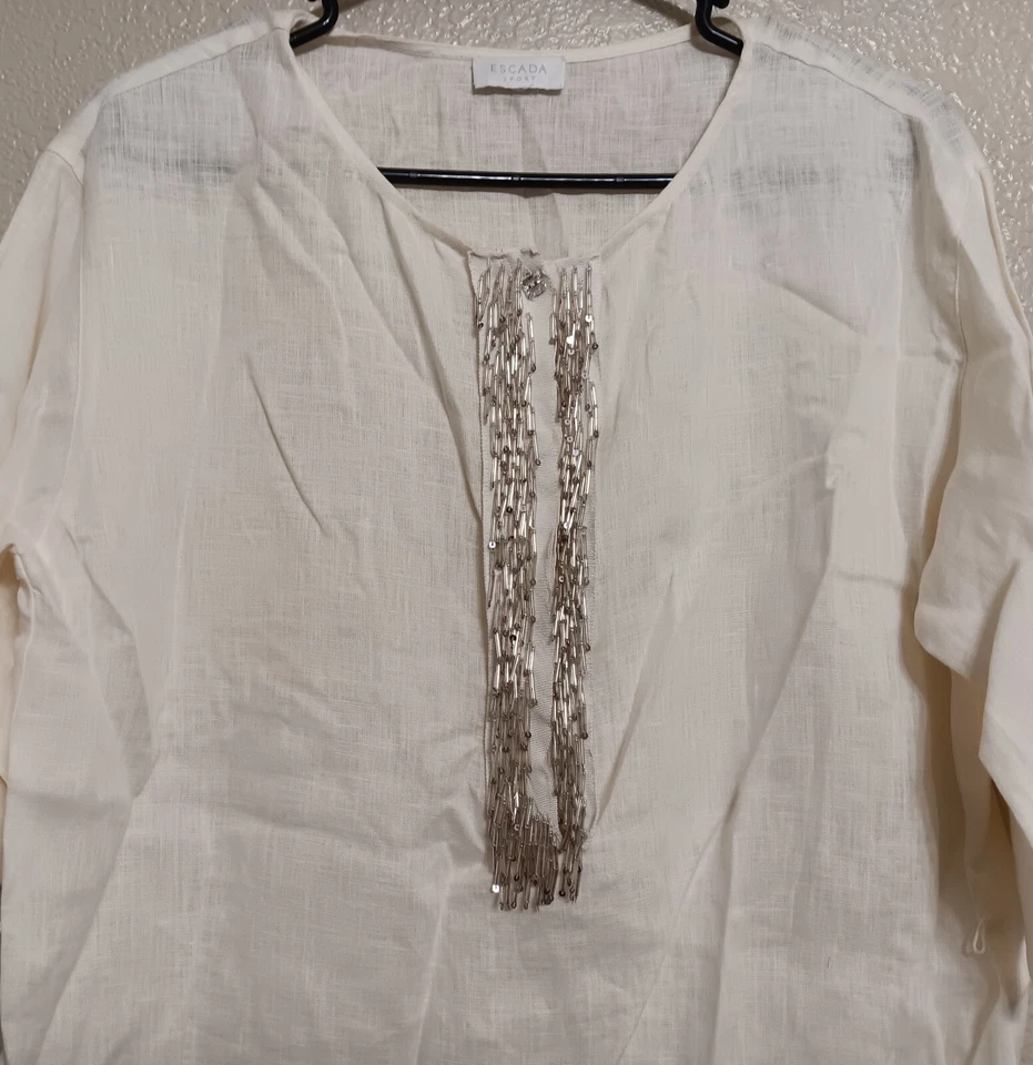 Vestido Escada Sport 36 4 branco linho com miçangas - Imagem 2 de 4