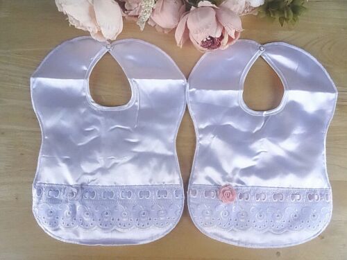 Baby Satin Bib White Pink Flower Girl Broderie Anglaise Lace Christening Lined - Picture 8 of 17
