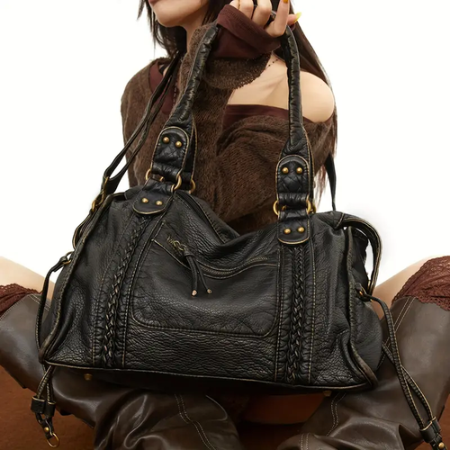 Women Vintage Style Shoulder Bag with Adjustable Strap Large Motorcycle Bag - Picture 10 of 19