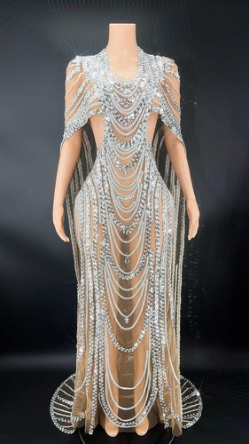 Womens Sexy See Through Silver Sequined Long Dress Evening Prom Gown Stage Wear - Picture 1 of 32