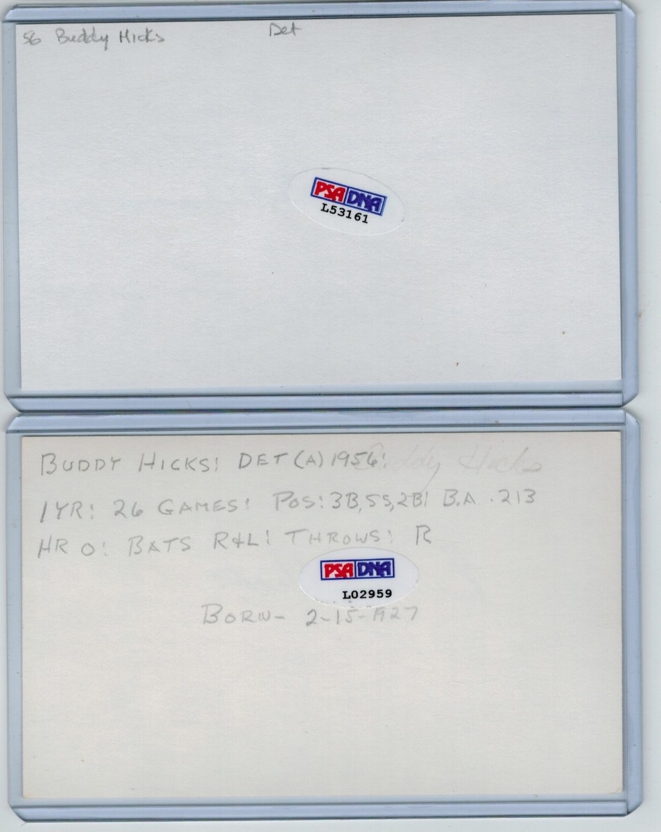2) BUDDY HICKS INDEX CARD SIGNED 1956 DETROIT TIGERS PSA/DNA