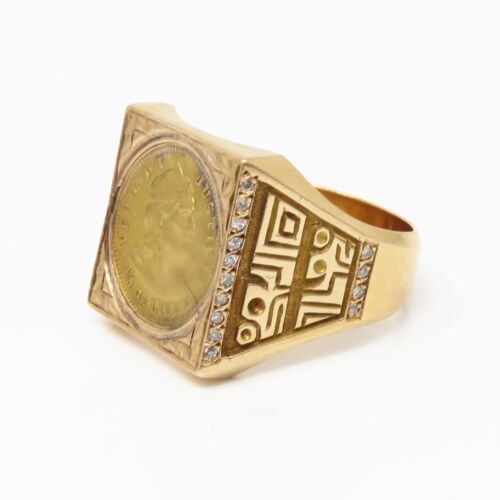 NYJEWEL Peru Gold Coin 18k Yellow Gold 28 Diamonds Signet Ring - Picture 2 of 6