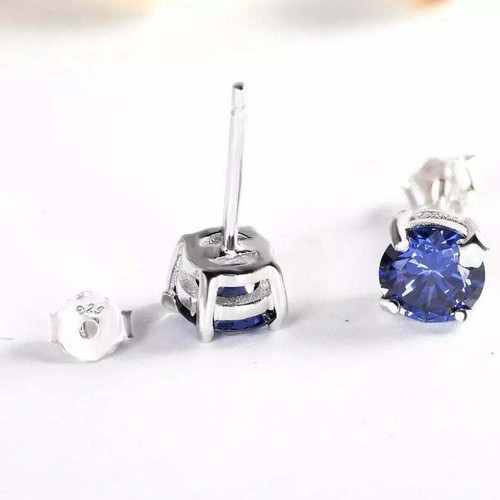 1ct Stud Earrings Natural Round Sapphire Solitaire Design 14k Solid White Gold - Picture 2 of 12