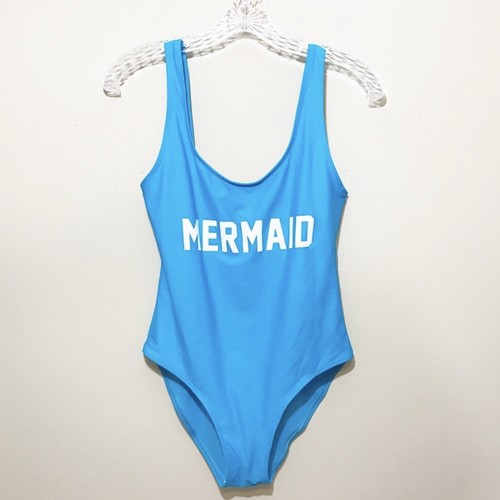 Traje de baño One Piece tanque patas altas azul agua sirena deletreado talla mediana - Imagen 3 de 7