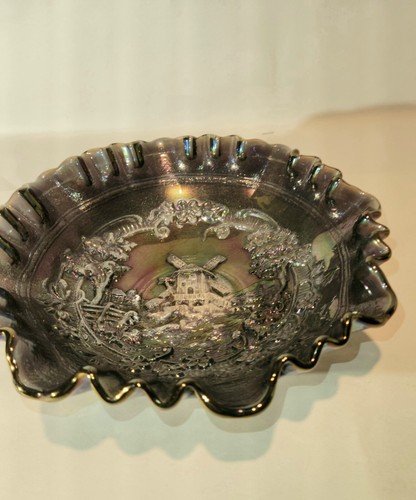 8" IMPERIAL GLASS Windmill Carnival Smoked Glass Crimped Bowl Iridescent - Picture 9 of 20
