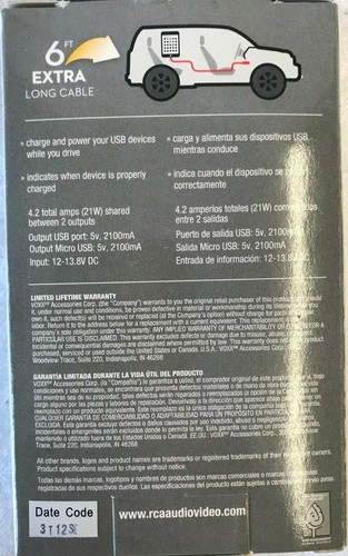 USB Car Charger +Micro USB charge Cable 6 Feet RCA NEW - 第 2/6 張圖片