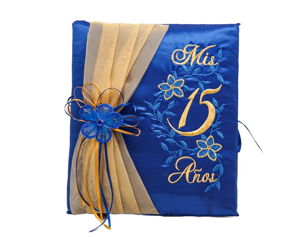 Juego de almohadas Mis Quince azul real/oro de 5 piezas libro de visitas álbum de fotos bíblico español Foto 3 de 4