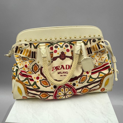 PRADA Canvas Canapa Embossed Studded Bag Weekender Boho Cream Gold 13981 - Picture 7 of 24