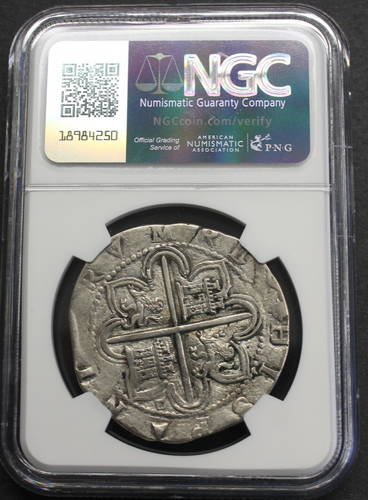 (1556-98) PHILIP II 8 REAL COB NGC AU50 SEVILLA ASSAYER D SPAIN SILVER COLONIAL - Picture 4 of 4