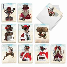 20 Christmas Cards (10 Designs, 2 Each) - Steampunk Holidays AM2919XSG-B2x10