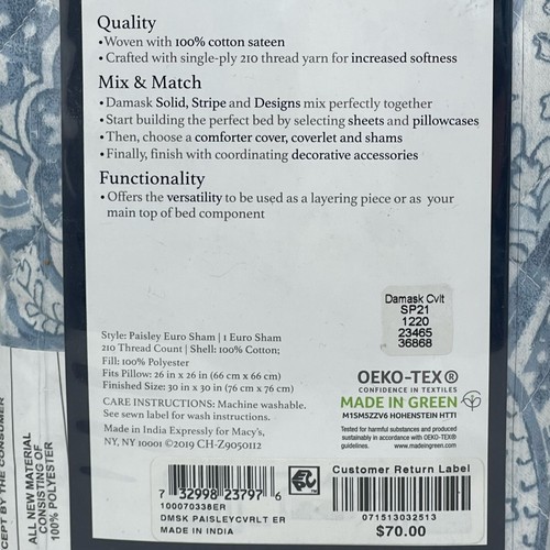 Charter Club Damask Designs Paisley Quilted EURO Sham Blue - Picture 5 of 5