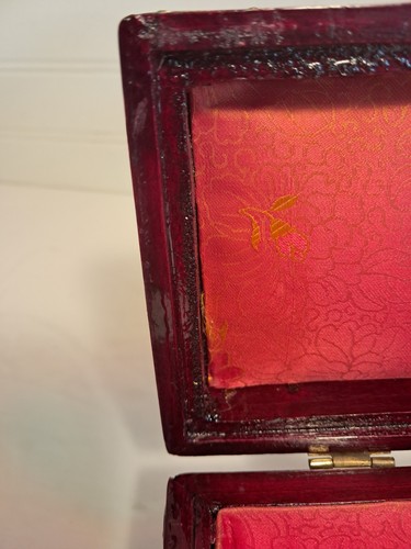 Vintage Wood & Brass Chinese Jewelry Box 302 Jade Inlay Red Silk Lined 6.5"L - Picture 18 of 21