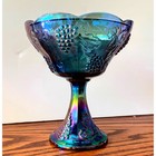 Vintage Indiana Glass Blue Carnival Compote Candy Fruit Bowl Grapes and Vines 