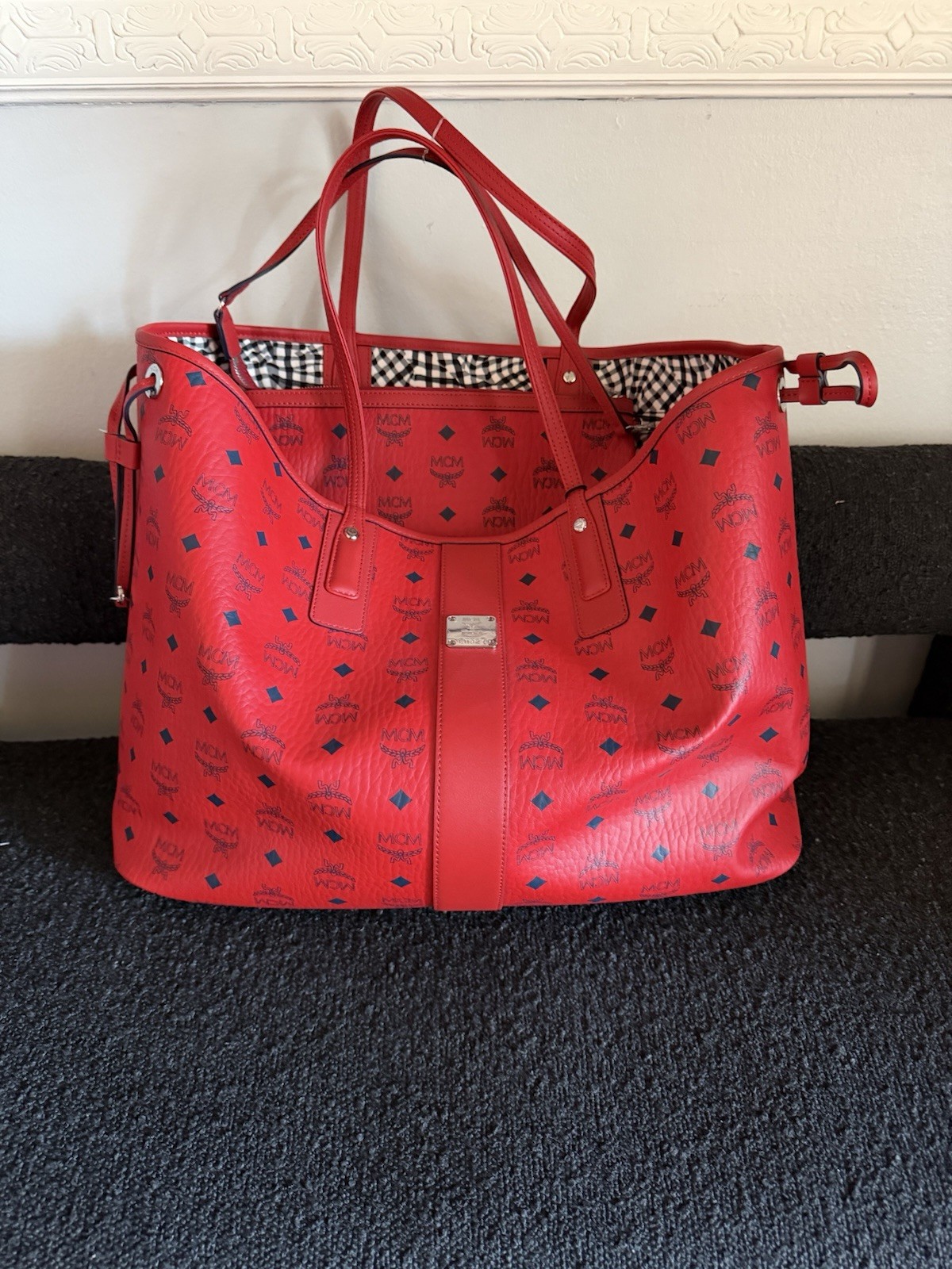 MCM Red Logo Tote Double Handles Inner Pockets Matching Pouch Designer